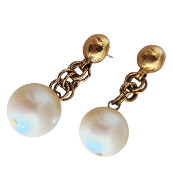 Vintage Monet Large Faux Pearl Drop Gold Tone Chain Statement Earrings - Picture 3 of 5